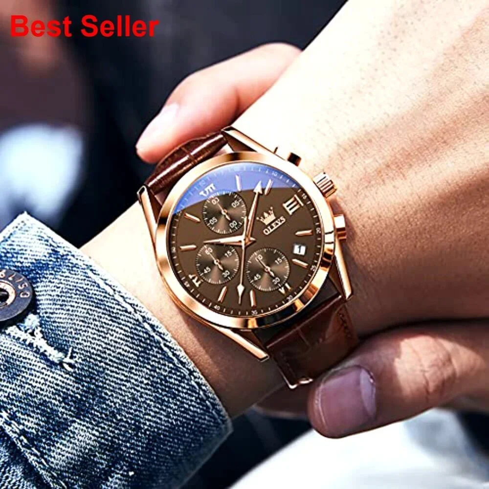 Men's Chronograph Leather Watch with Luminous Date Analog
